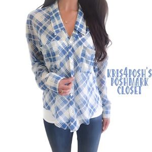 Free People Sheer Blue & Creamy Plaid Top